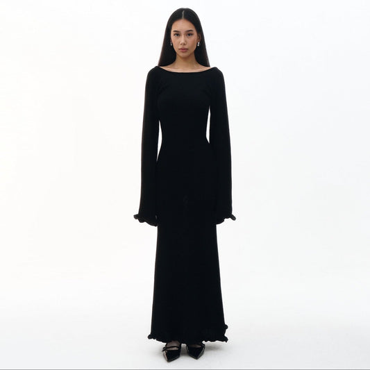 Vanilla Kiss Black Cloud-Knit Open Back Maxi Dress