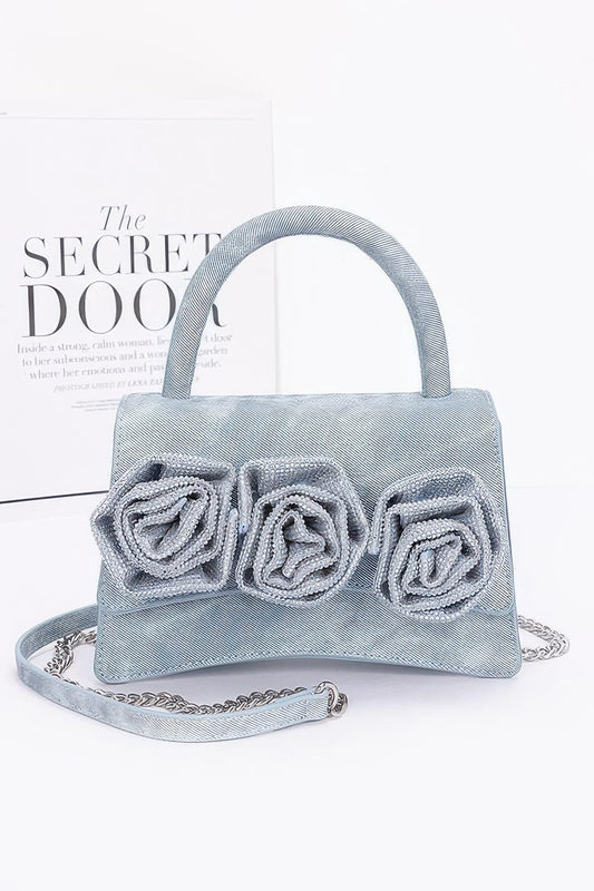 Faux Leather Rhinestone Hot Fix Flower Bag