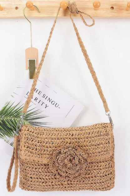 Faux Straw Handmade Flower Flap Clutch