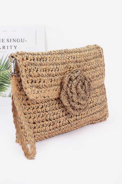 Faux Straw Handmade Flower Flap Clutch