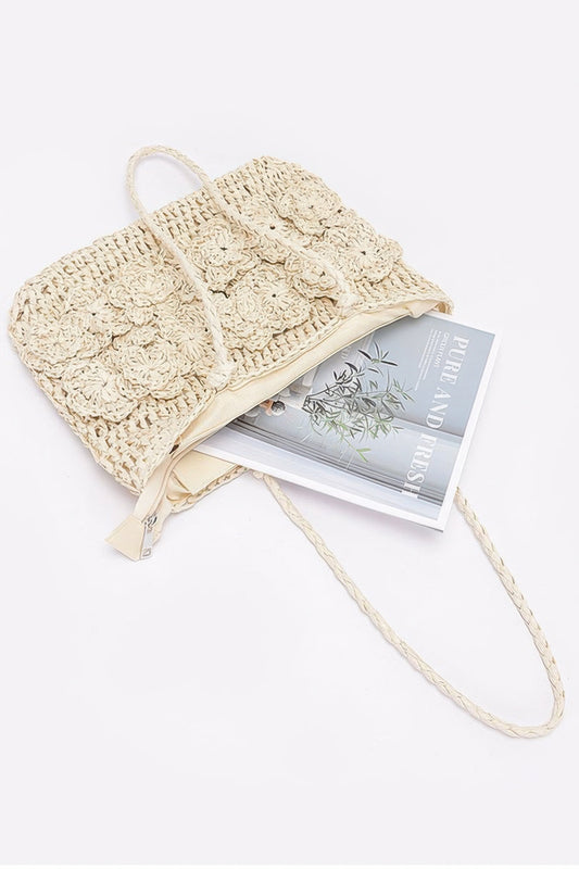 Faux Straw Multi Flower Tote Bag