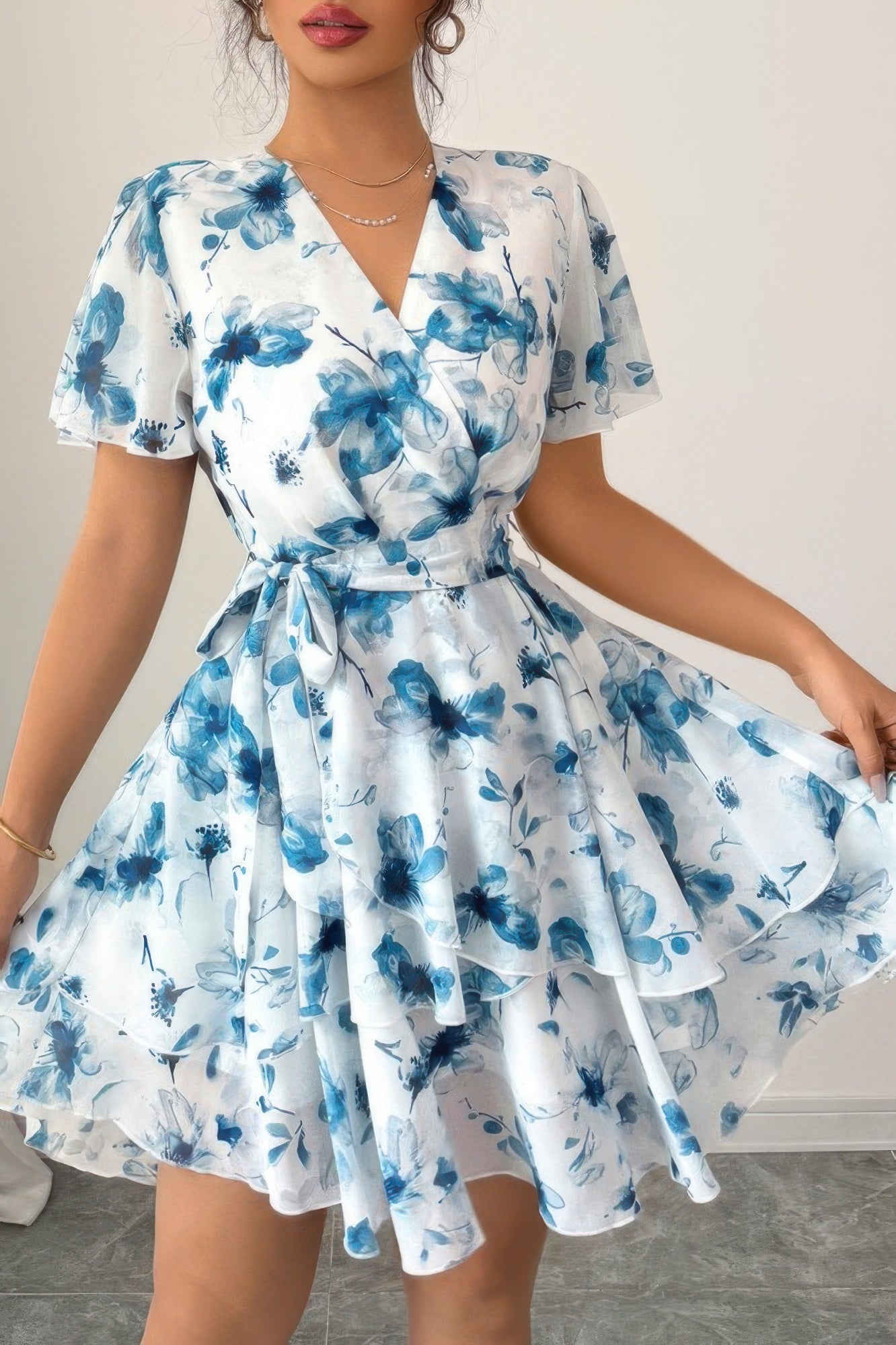 Floral V Neck Ruffle Sleeve Tie Belt Dress See size chart under “more details”