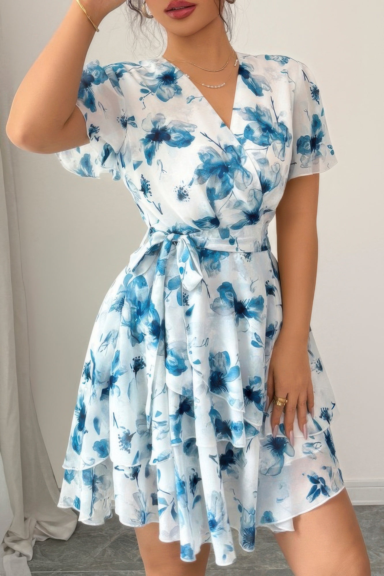 Floral V Neck Ruffle Sleeve Tie Belt Dress See size chart under “more details”