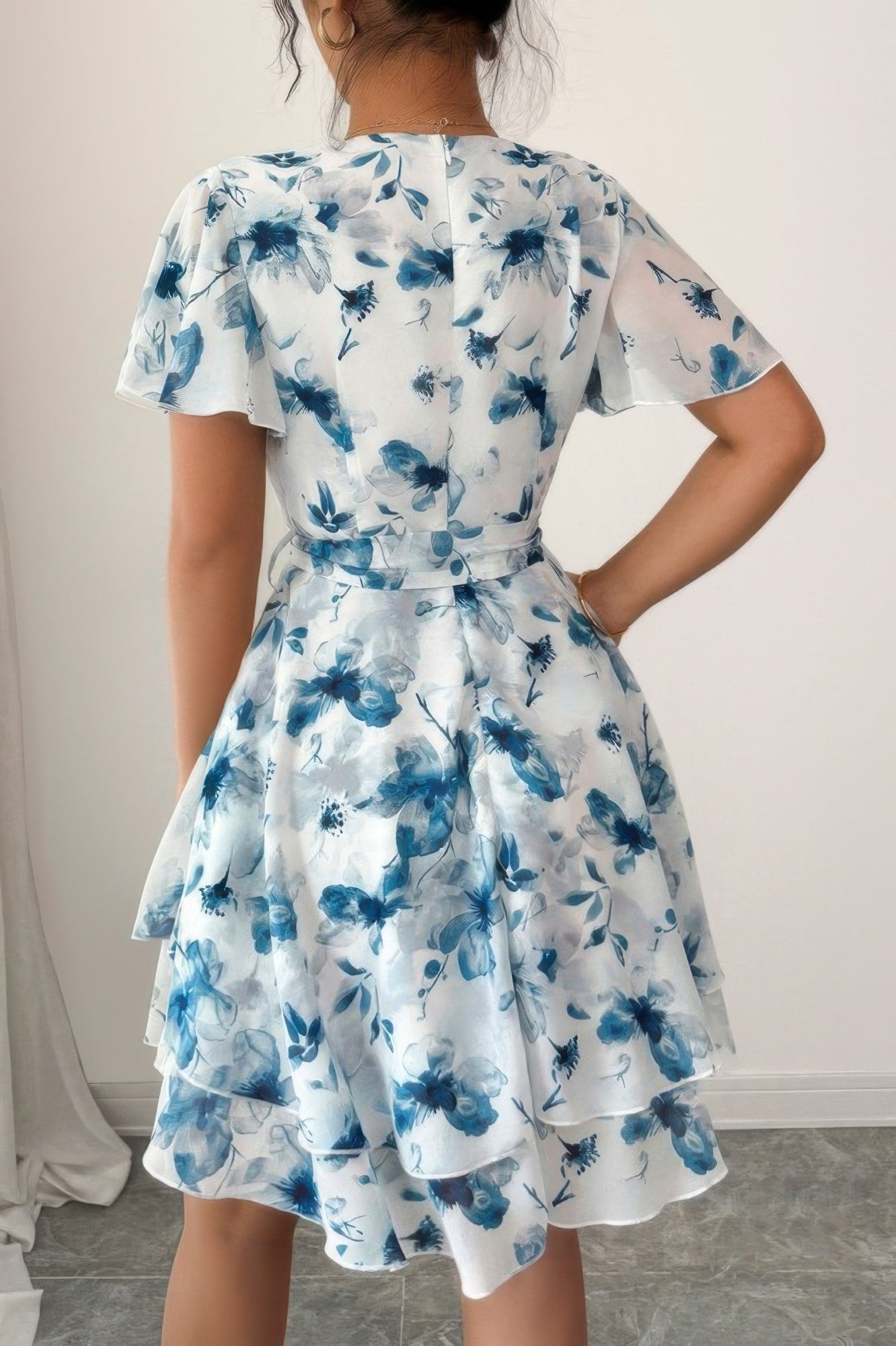 Floral V Neck Ruffle Sleeve Tie Belt Dress See size chart under “more details”