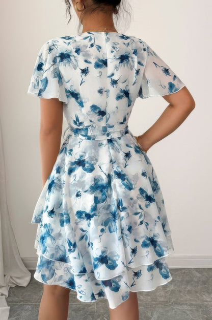 Floral V Neck Ruffle Sleeve Tie Belt Dress See size chart under “more details”