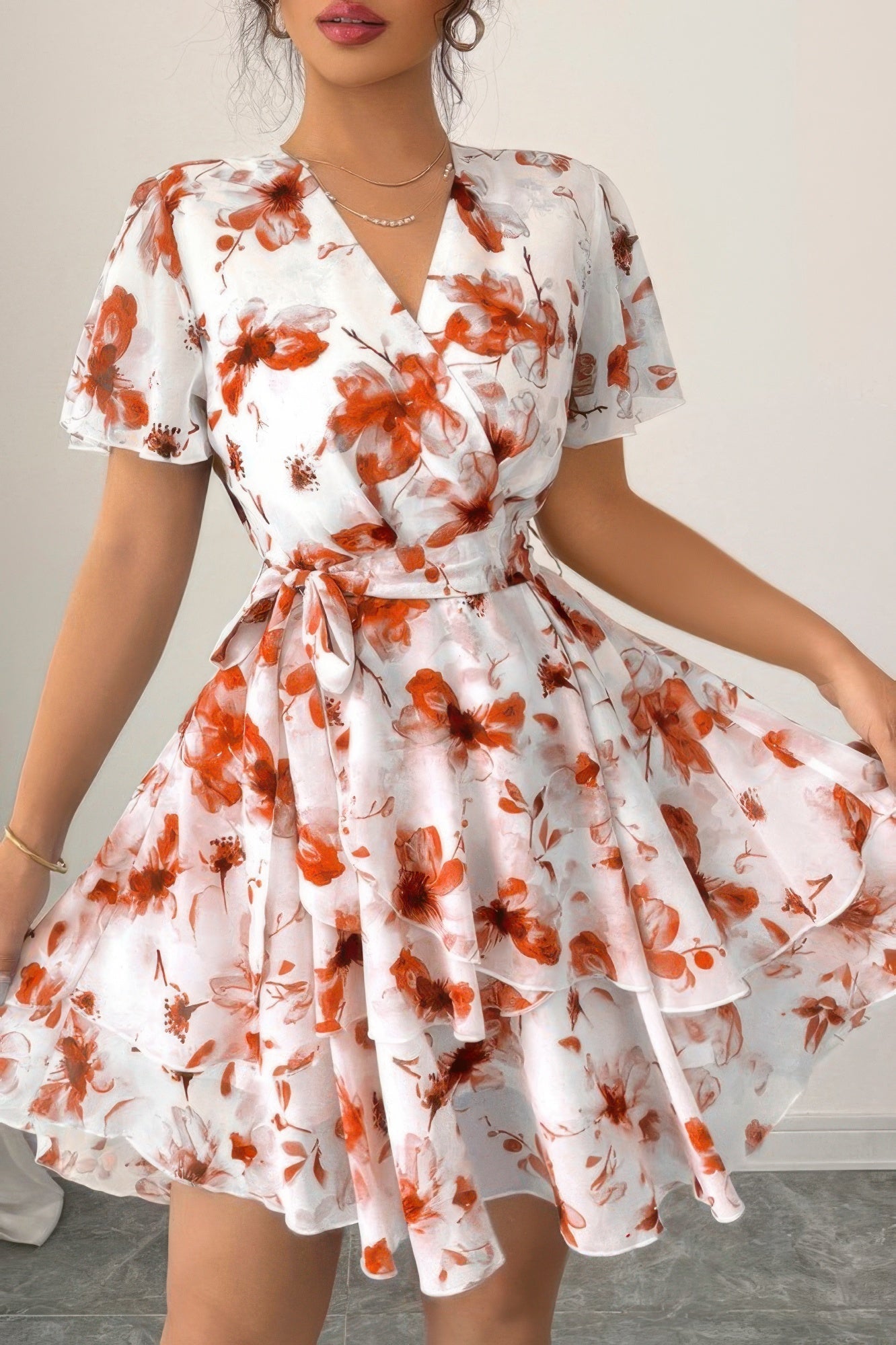 Floral V Neck Ruffle Sleeve Tie Belt Dress See size chart under “more details”