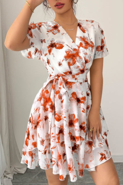 Floral V Neck Ruffle Sleeve Tie Belt Dress See size chart under “more details”