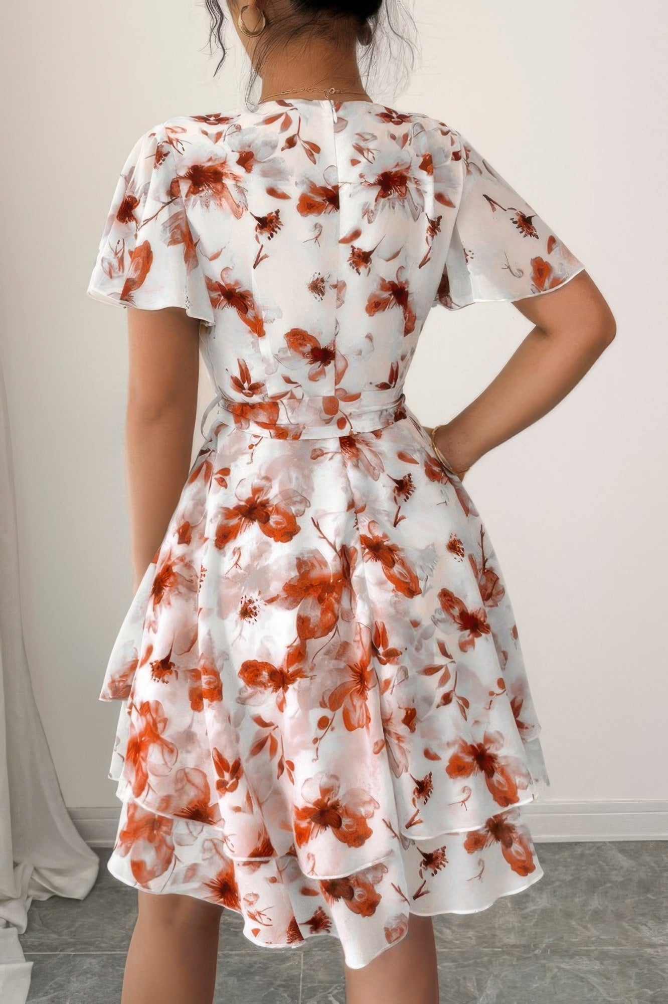 Floral V Neck Ruffle Sleeve Tie Belt Dress See size chart under “more details”
