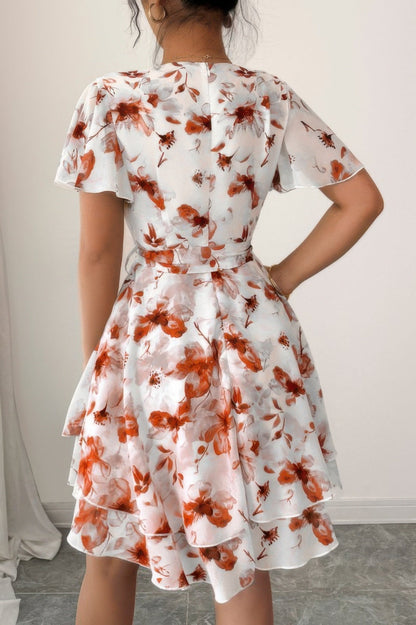 Floral V Neck Ruffle Sleeve Tie Belt Dress See size chart under “more details”