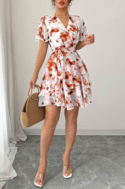 Floral V Neck Ruffle Sleeve Tie Belt Dress See size chart under “more details”