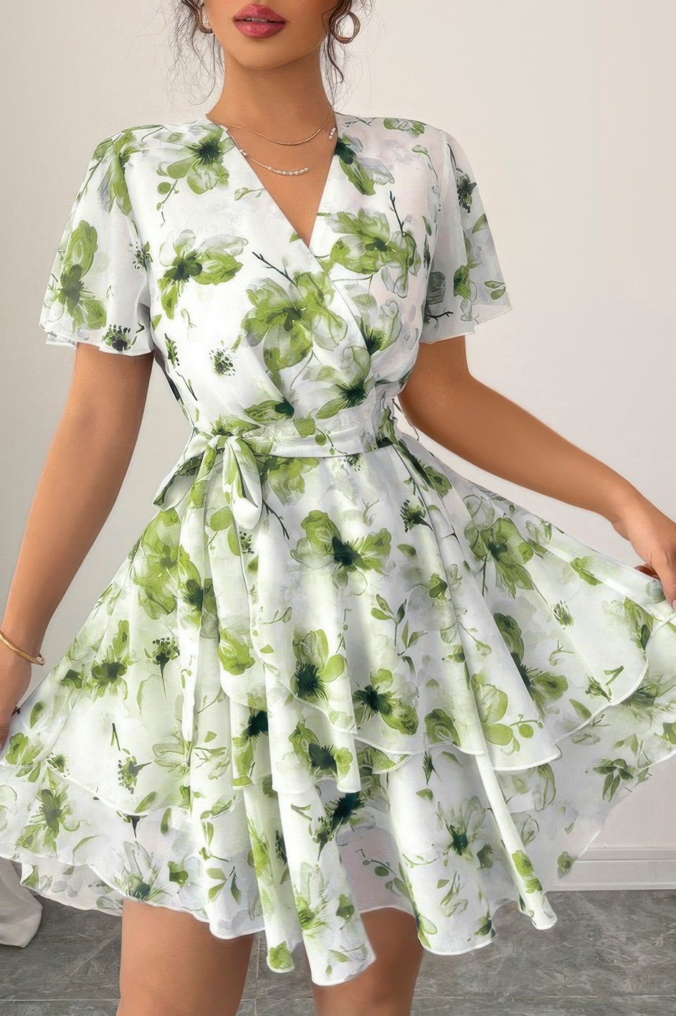 Floral V Neck Ruffle Sleeve Tie Belt Dress See size chart under “more details”