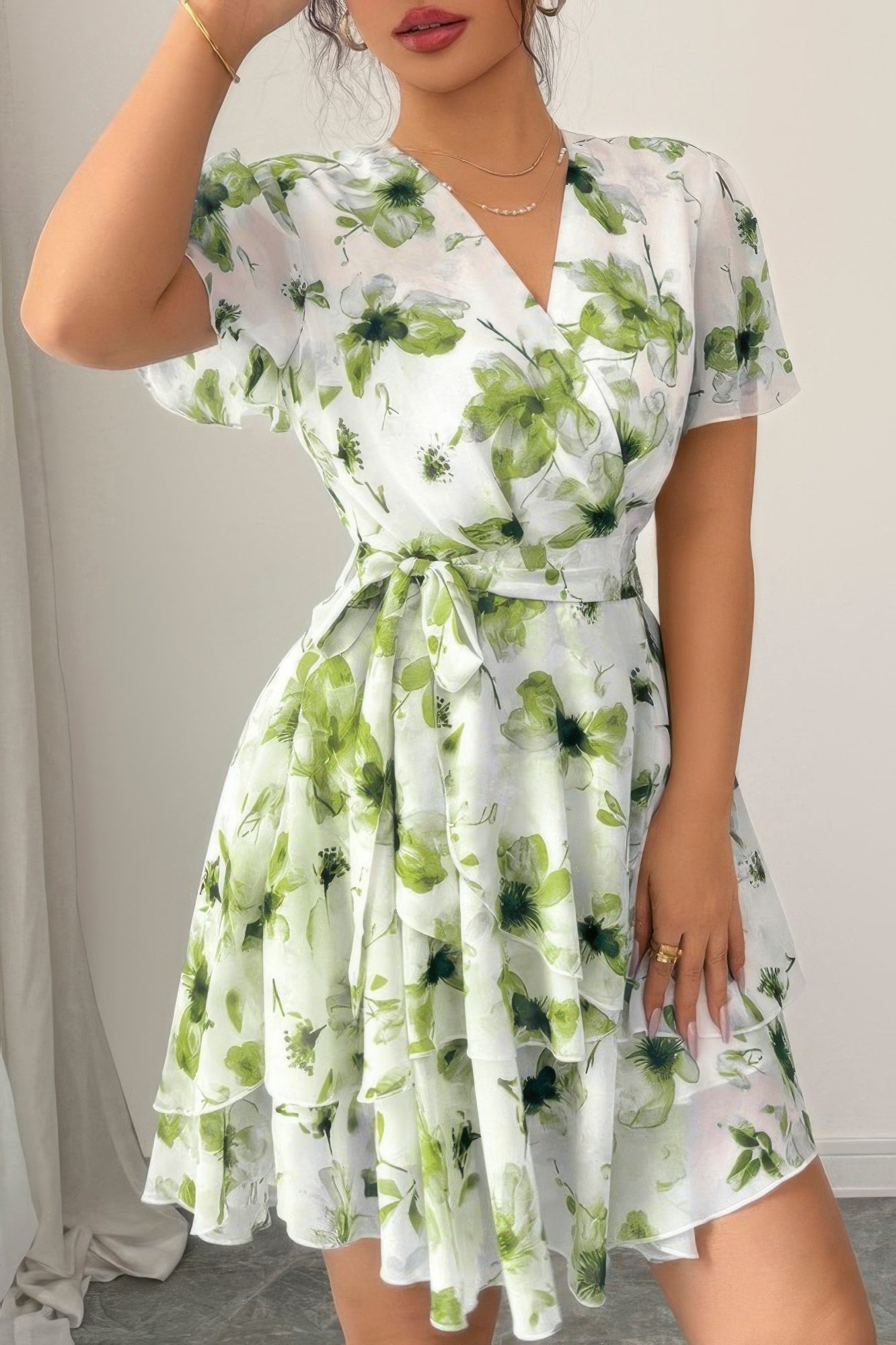 Floral V Neck Ruffle Sleeve Tie Belt Dress See size chart under “more details”