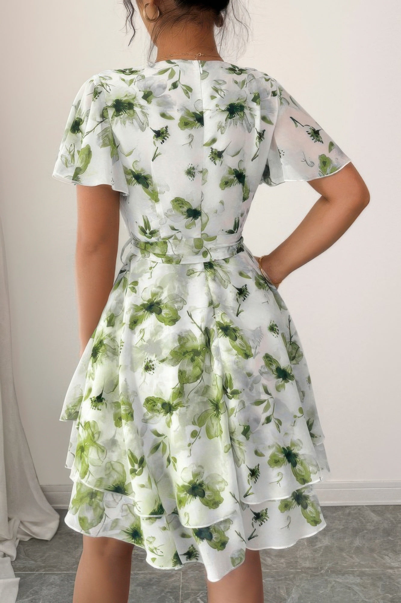 Floral V Neck Ruffle Sleeve Tie Belt Dress See size chart under “more details”
