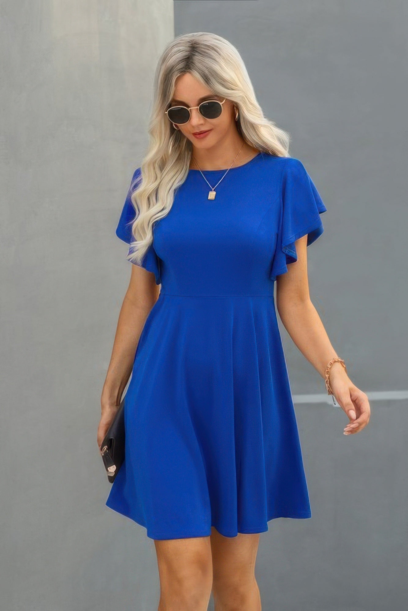 Crew Neck Ruffled Short Sleeve Solid Dress See size chart under “more details”