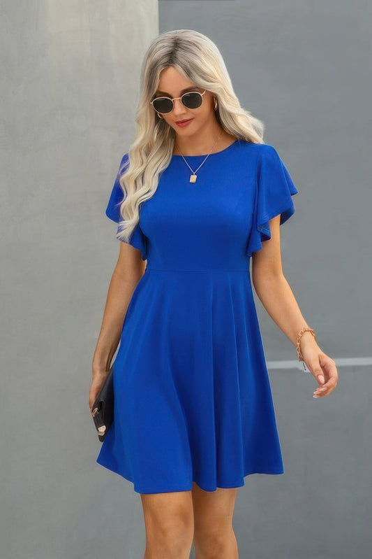 Crew Neck Ruffled Short Sleeve Solid Dress See size chart under “more details”