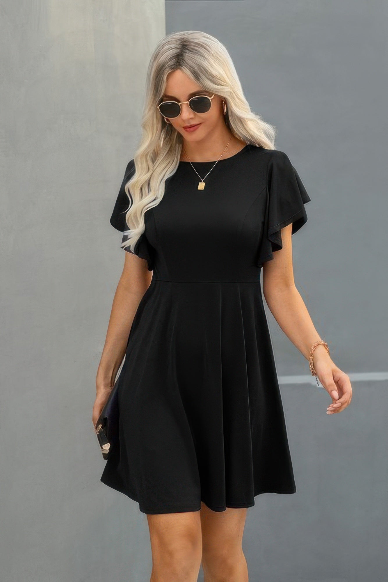 Crew Neck Ruffled Short Sleeve Solid Dress See size chart under “more details”