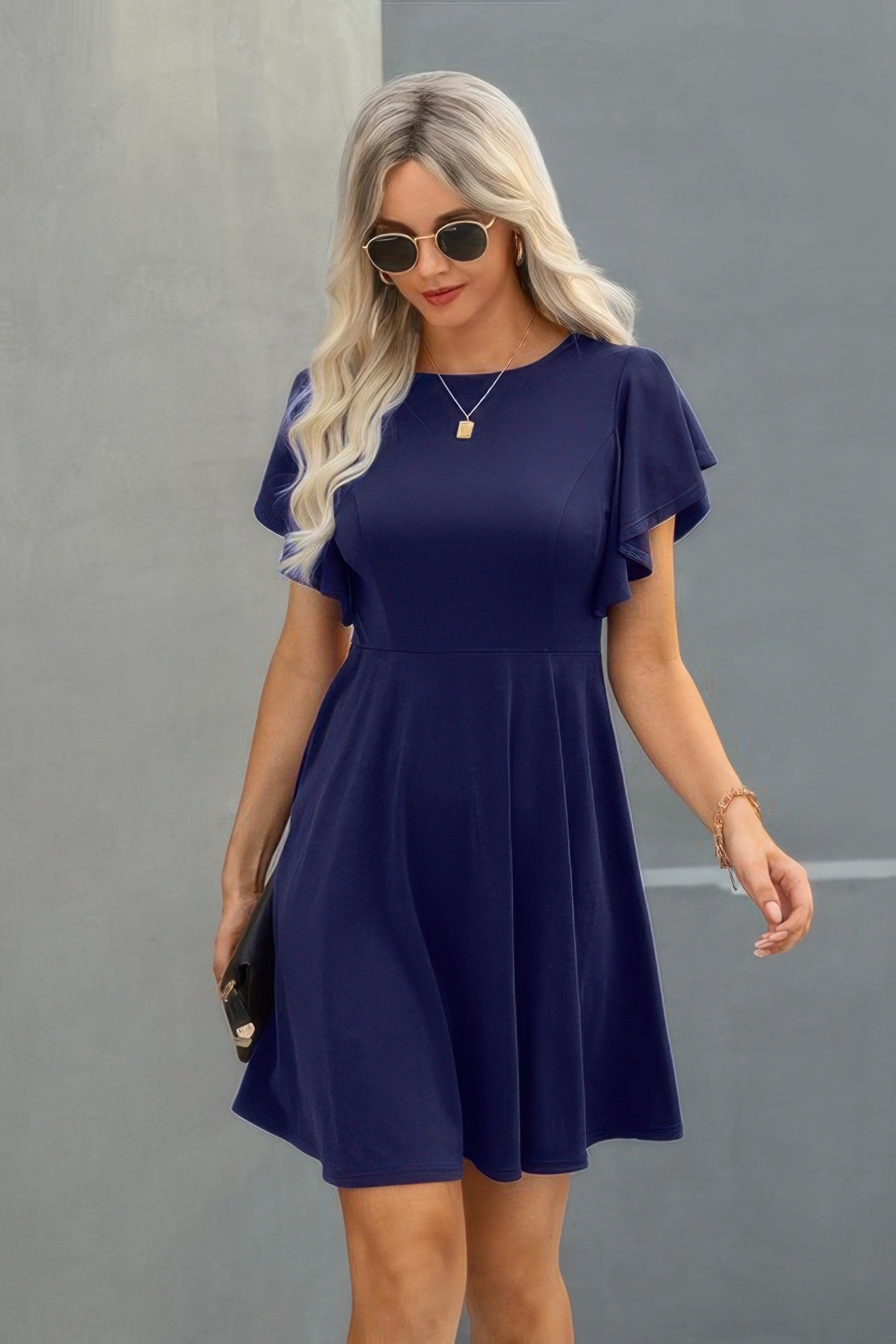 Crew Neck Ruffled Short Sleeve Solid Dress See size chart under “more details”