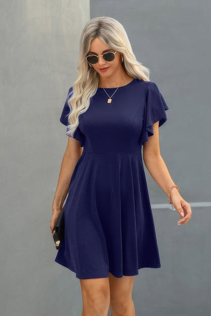 Crew Neck Ruffled Short Sleeve Solid Dress See size chart under “more details”