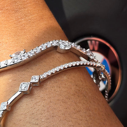 Wave Bracelet - Rhodium Plated Sterling Silver CZ Bangle 60mm