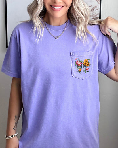 Wildflowers Bouquet Comfort Colors Pocket T-Shirt – Botanical Nature Camping Hiking Plant Graphic Tee