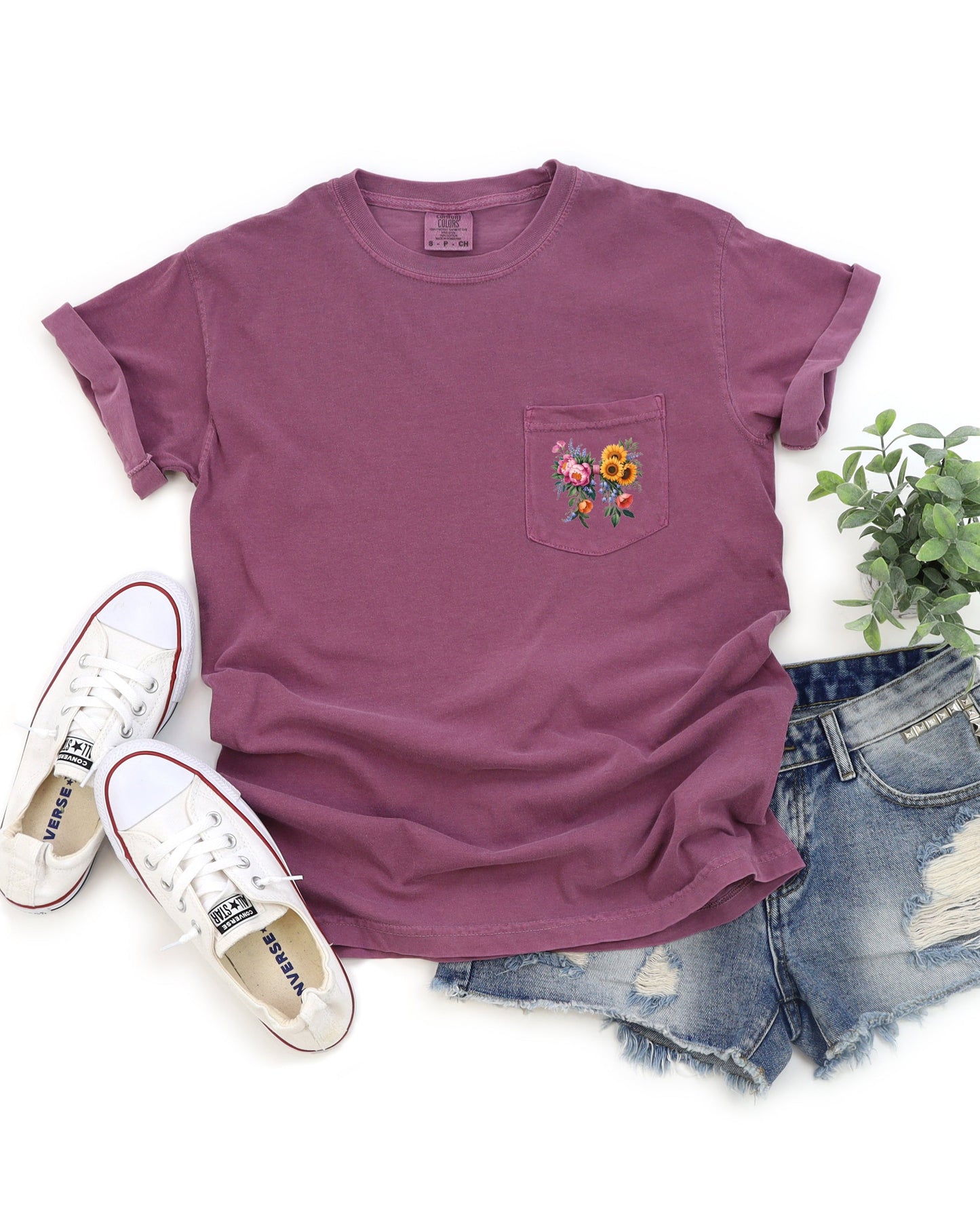 Wildflowers Bouquet Comfort Colors Pocket T-Shirt – Botanical Nature Camping Hiking Plant Graphic Tee