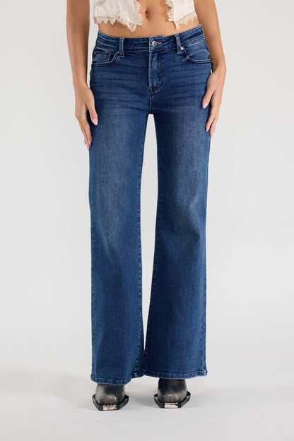 Mid Waist Flared Wide Leg Jeans with Tacking