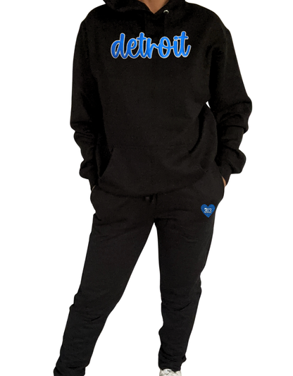 Black Detroit Script Sparkle + Puff Sweatsuit