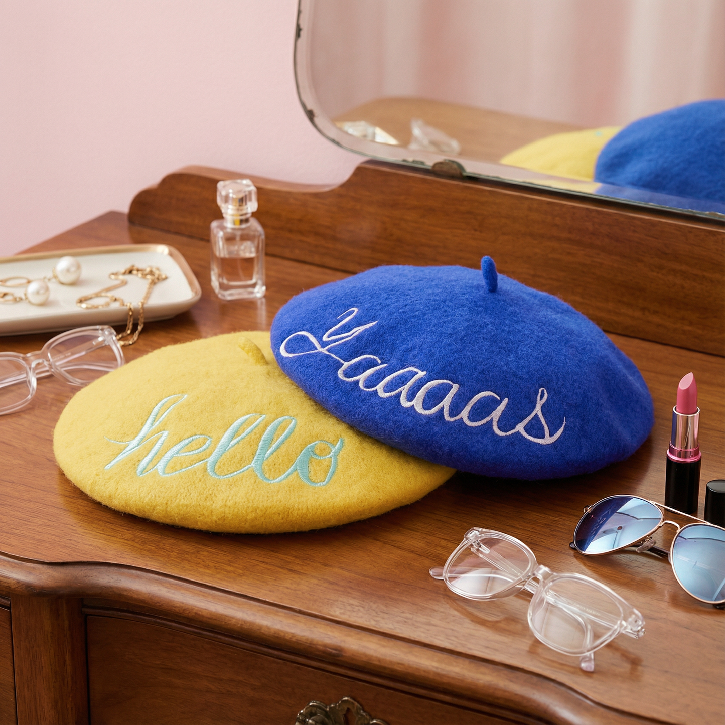 Yaaaas Embroidered Beret in Blue