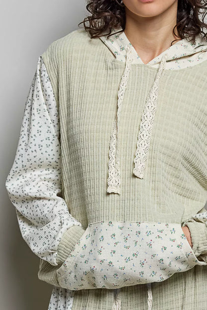 POL Mixed Knit Contrast Print Sleeve Hoodie with Kangaroo Pocket