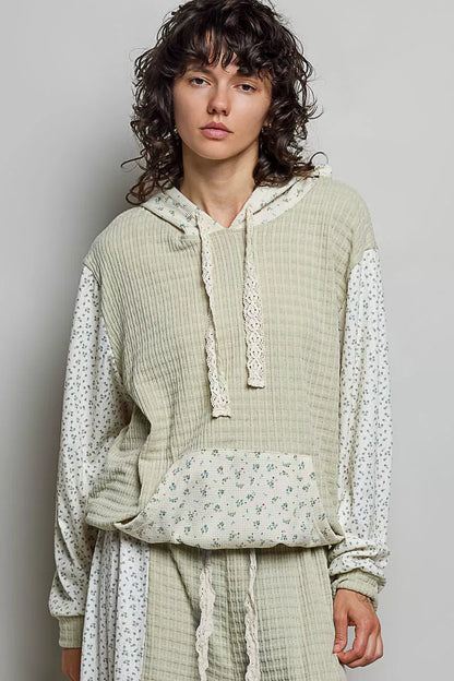 POL Mixed Knit Contrast Print Sleeve Hoodie with Kangaroo Pocket
