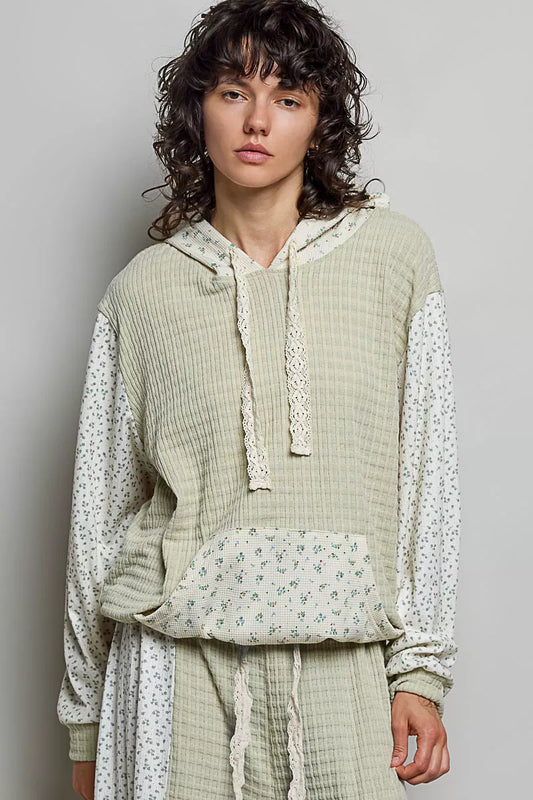 POL Mixed Knit Contrast Print Sleeve Hoodie with Kangaroo Pocket