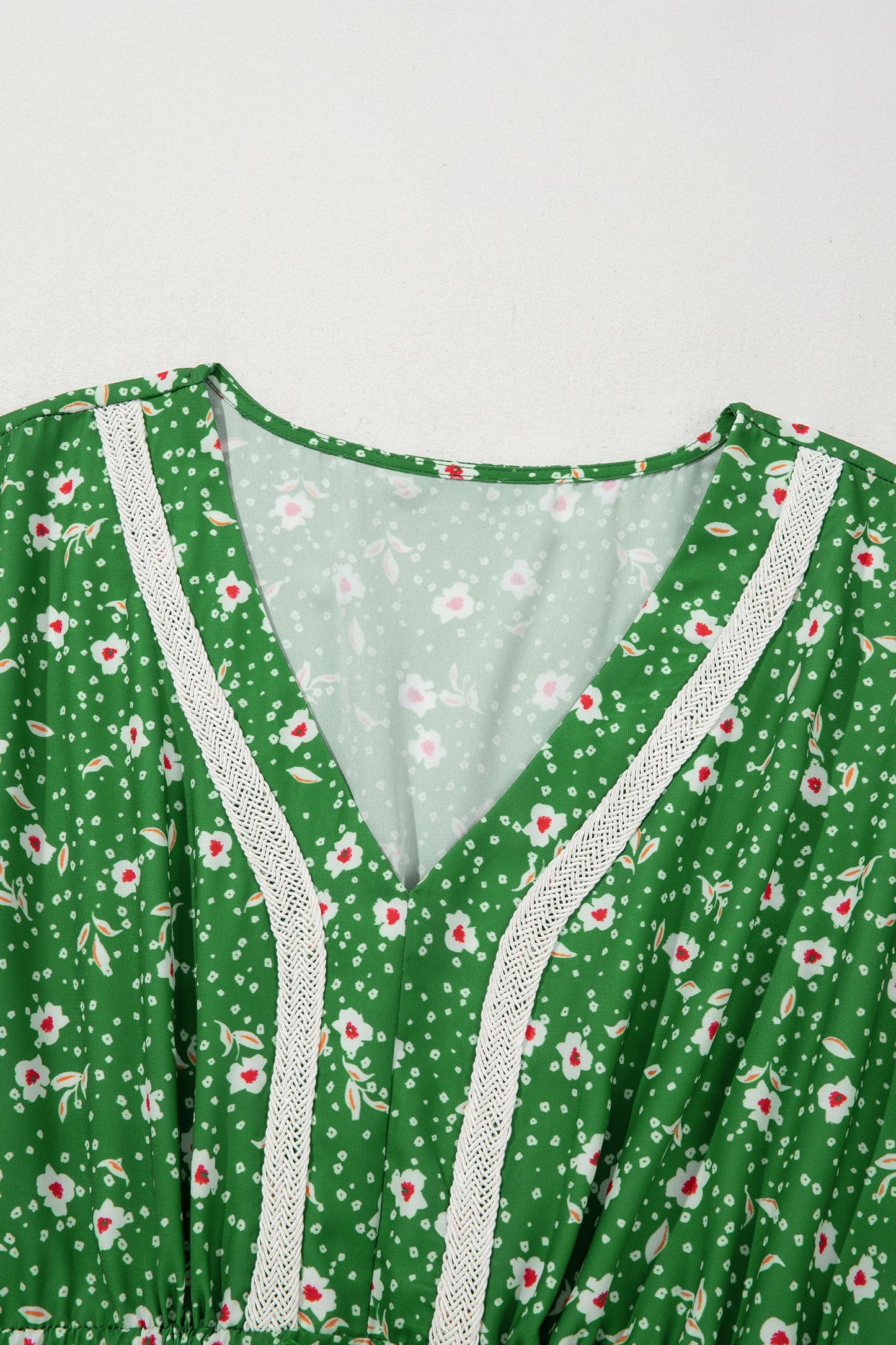 Floral Embroidered Trim V-Neck Drawstring Waist Dress