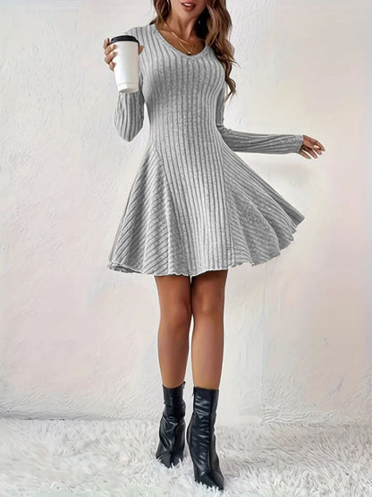 Ribbed Knit Long Sleeve A-Line Dress