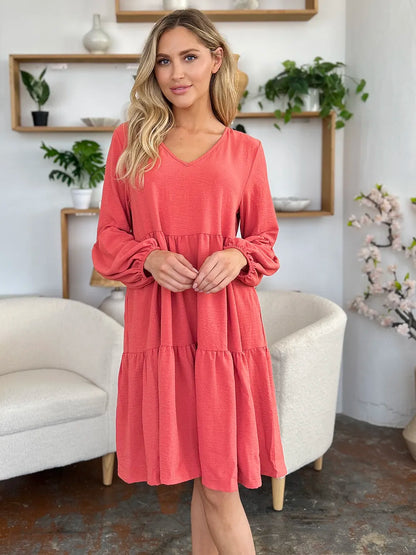 Garden Naked Women's Casual Dress Babydoll Tiered Dress with Pockets Long Sleeve Ruffle Hem Soft Cotton Blend Loose Fit