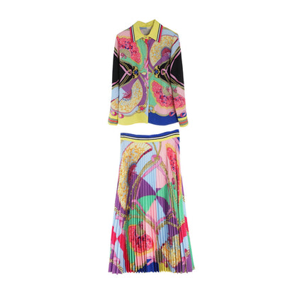 Printed Blouse Top Pleated Half Skirt Two Piece Set See size chart under “more details”