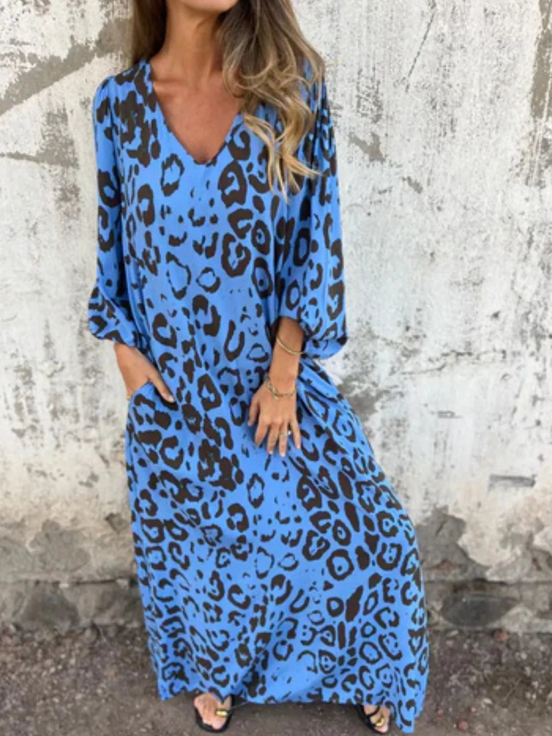 Printed V-Neck Dress with Pockets