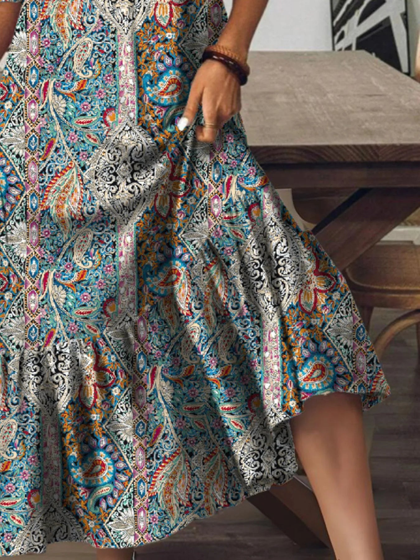 Bohemian Paisley Print V-Neck Midi Dress