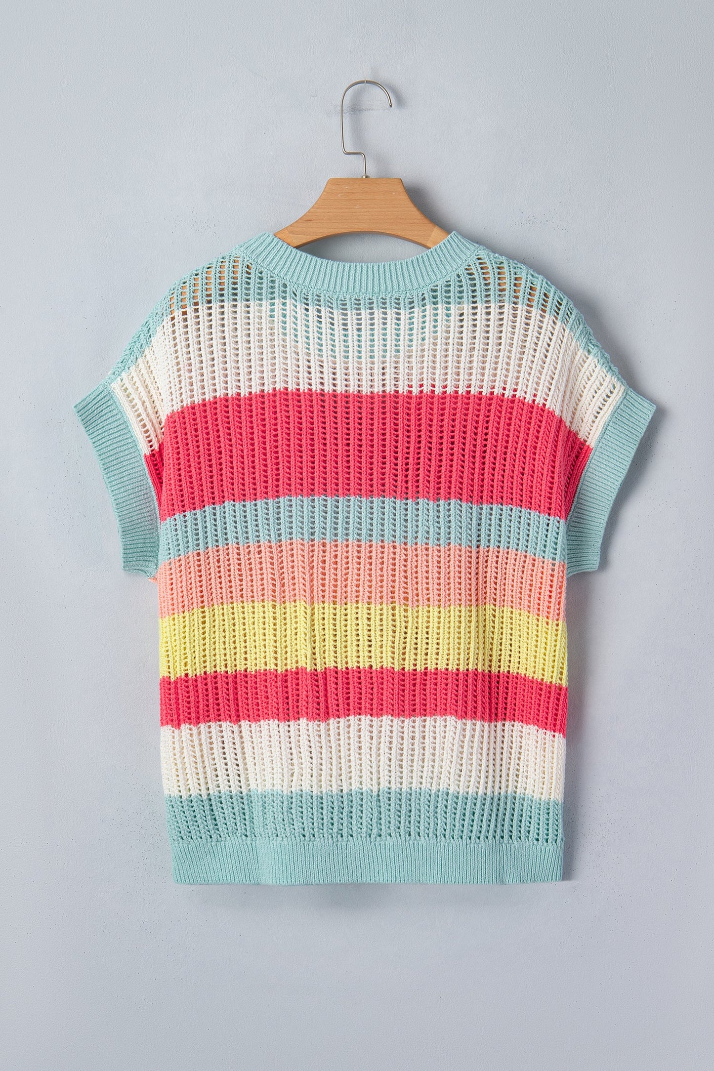 Stripe Colorblock Hollow-Out Short Sleeve Sweater