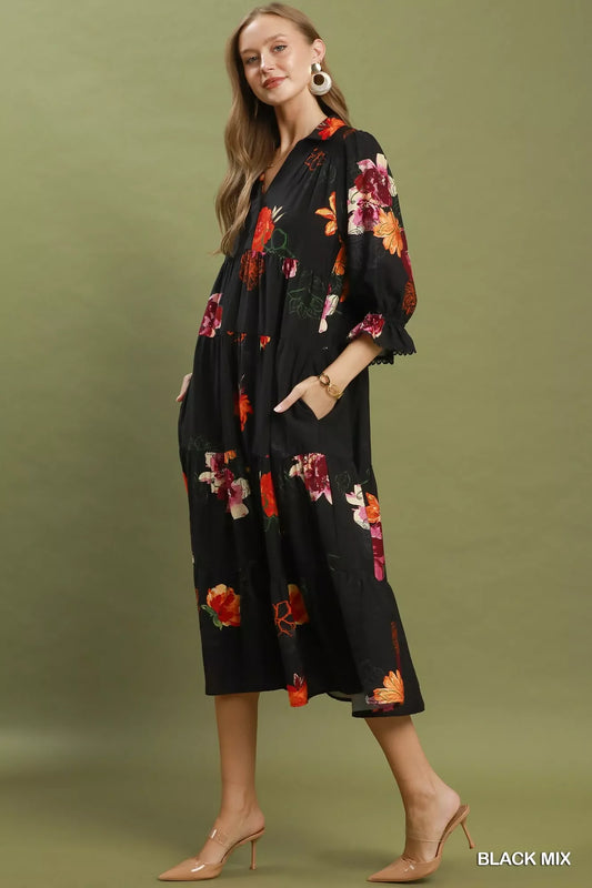Umgee Floral Print Tiered Midi Dress with Puff Sleeves
