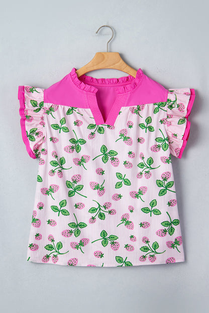 Stripe Strawberry Patchwork Flutter Sleeve V-Neck Blouse