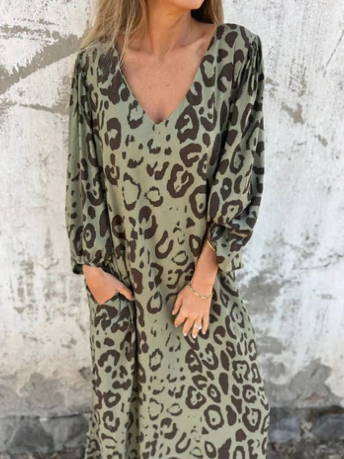 Printed V-Neck Dress with Pockets