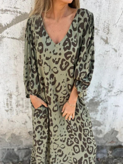 Printed V-Neck Dress with Pockets