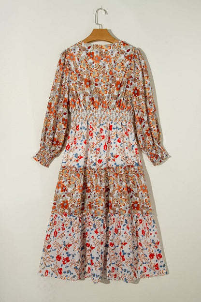 Floral V-Neck Ruffle Long Sleeve Midi Dress