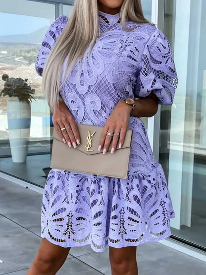 Lace Mock Neck Puff Sleeve Dress