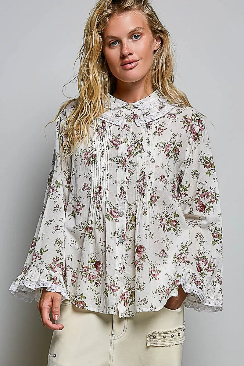 POL Floral Lace Trim Pintuck Button-Down Shirt