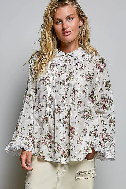 POL Floral Lace Trim Pintuck Button-Down Shirt