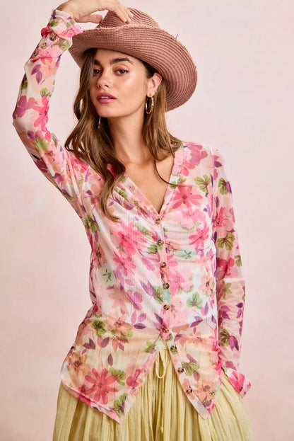BiBi Floral Shrried Detail Button Up Mesh Cardigan Top