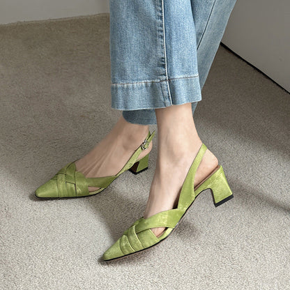 Women's Square Toe Chunky Heel Sandals – Cowhide High Heel Buckle