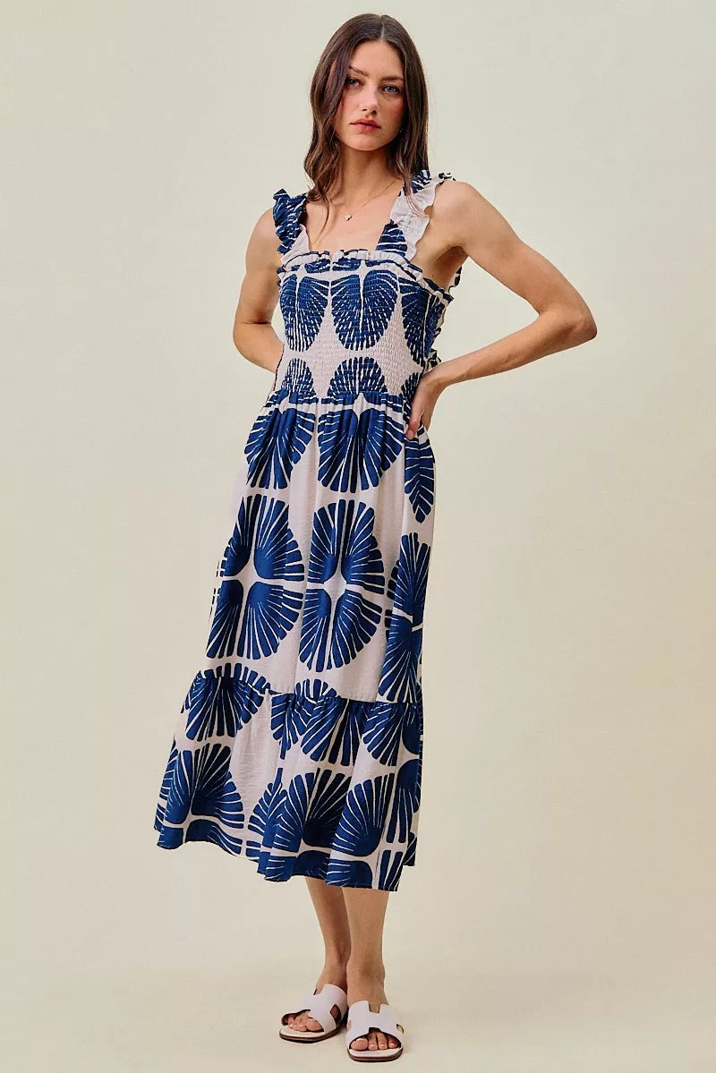 Abstract Print Smocked Bodice Tiered Lined Midi Dress