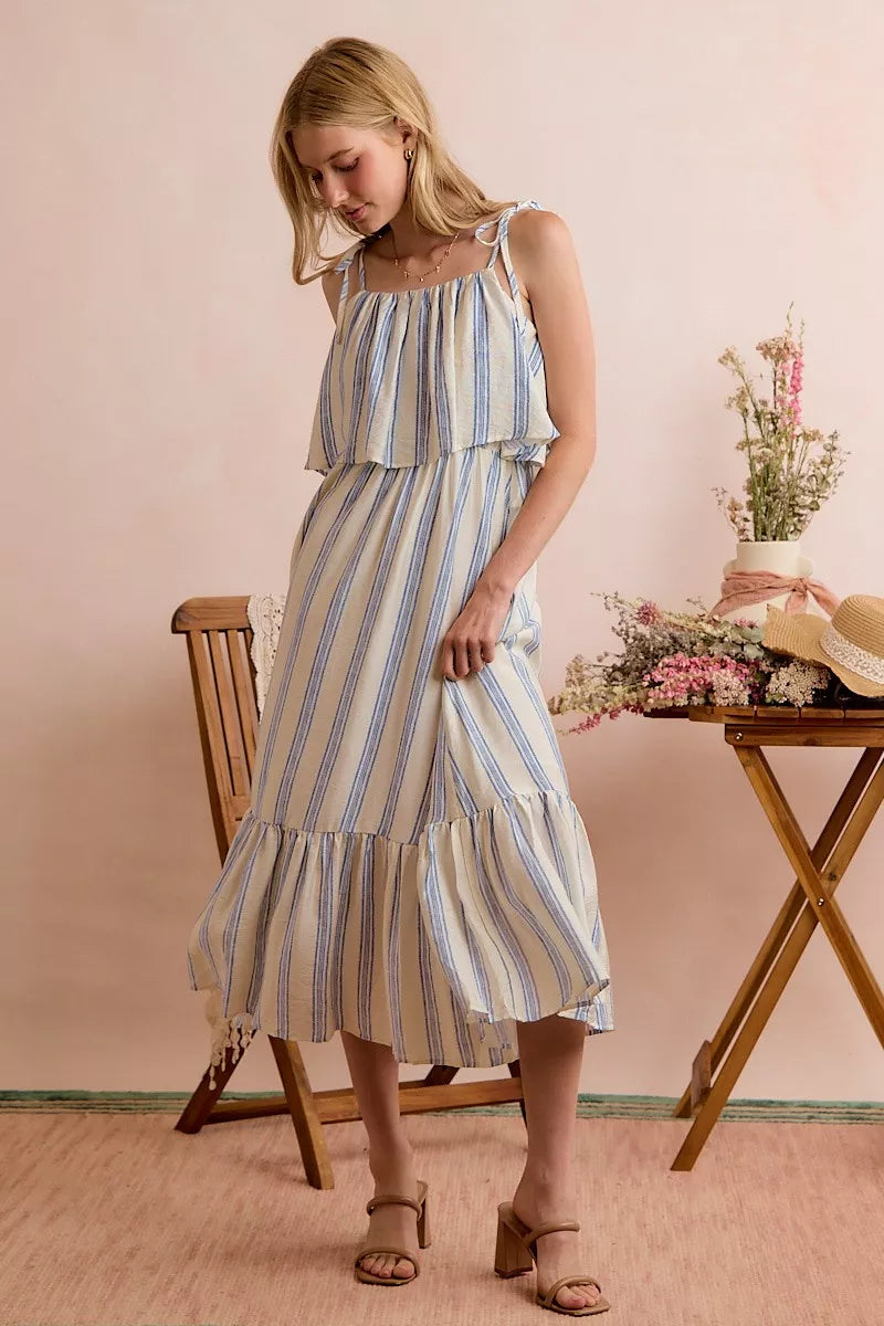 SO ME Stripe Tiered Shoulder Tie Midi Lined Dress